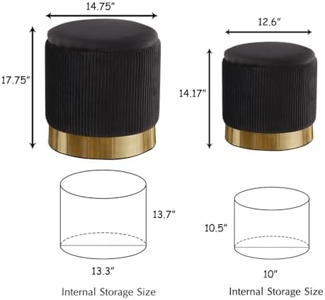 Round Ottoman with Storage Set of 2 Black Vanity Stool Foot Rest