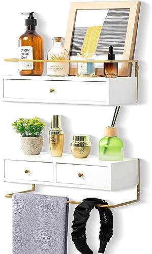 Floating Shelves With Drawers Set of 2, Wall Mounted Storage for Bathroom