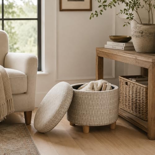 HomePop 19" Round Storage Ottoman - Tan Geometric Pattern