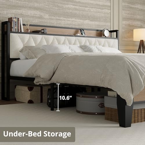 ANCTOR King Size Bed Frame with Headboard & Charging Station,Wood and Cream