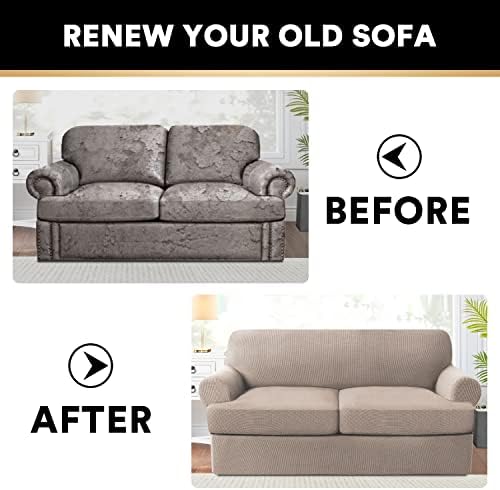 PrinceDeco T Cushion Loveseat Slipcover 3 Pieces Sofa Covers for T Cushion Sofa Stretch Slip Covers for 2 Cushion Couch with 2 Individual T Shape Seat Covers Width Up to 76" - Washable, Sand