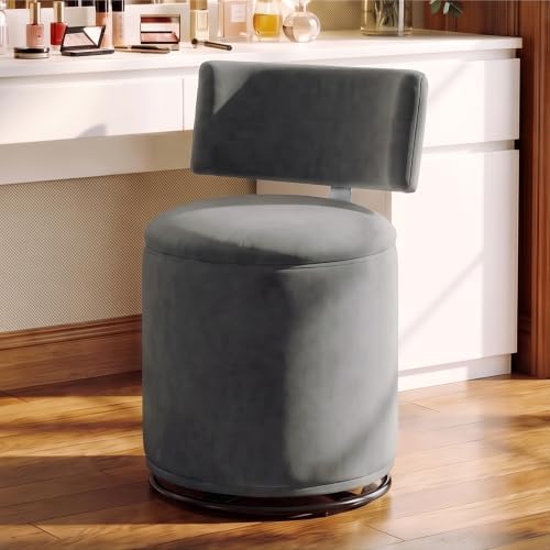 Swivel Vanity Chair with Storage, Velvet Makeup Stool with Higher Back for Living Room, Bedroom, Dressing, Grey
