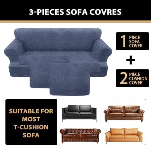 3 Pieces Sofa Covers fot T Cushion Loveseat Slipcover, Sofa Stretch Slip Covers for 2 Cushion Couch with 2 Individual T Shape Seat Covers (Blue Gray, 2 Cushion)
