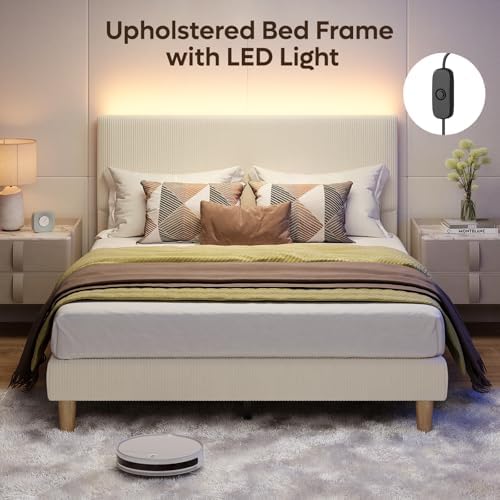 Bestier Queen Bed Frame with Headboard LED Lighting,Upholstered,Beige