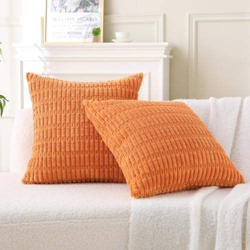 2 Pack Corduroy Decorative Throw Pillow with Inserts, 18x18 Inch Soft Boho Throw Pillow, Square Striped Throw Pillows for Couch, Bed, Sofa Decor