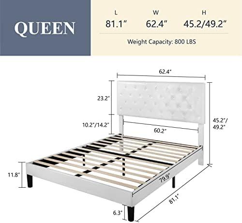 Allewie Queen Size Platform Bed Frame, Adjustable Faux Leather Headboard with Diamond Stitch and Button Tufted, Sturdy Wood Slats, Easy-Assembly, No Box Spring Needed, Off-White