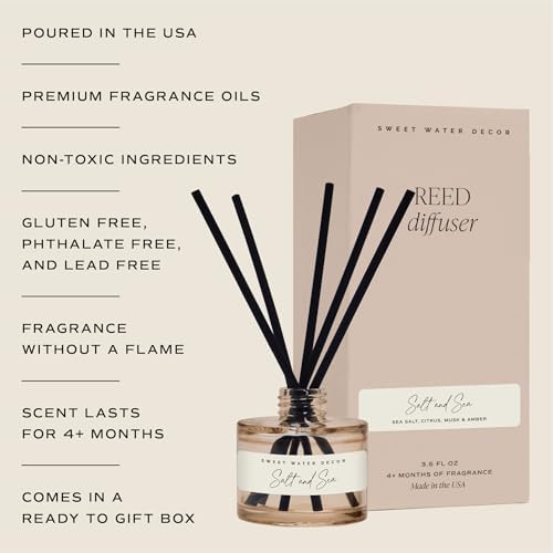 Sweet Water Decor Salt and Sea Reed Diffuser - Sea Salt, Citrus, Musk & Amber Scent - Long-Lasting 4 Month Home Fragrance, Non-Toxic, Aesthetic Home & Bathroom Decor, Made in USA, 3.5 Fl Oz