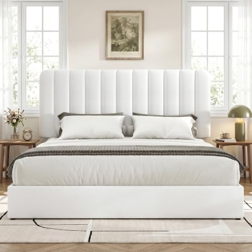 VECELO Queen Size Upholstered Bed Frame with 4 Drawers and Headboard, Velvet Platform Storage Bedframe, Wooden Slats Support, No Box Spring Needed,White