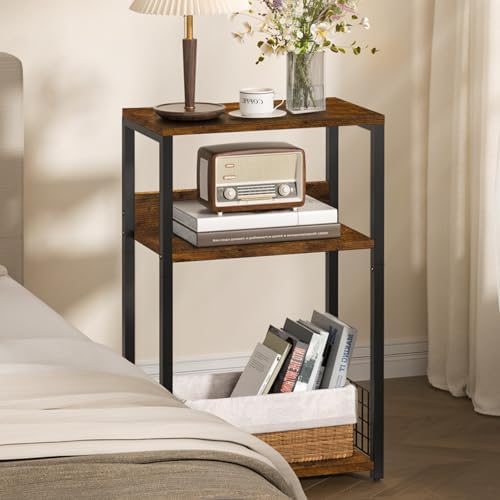 LELELINKY Large Brown Record Player Stand, 3 Tier 18" Wide Big End Table with Vinyl Storage Up to 130 Albums, Industrial Turntable Printer Tables, Modern Side Tables for Living Room, Bedroom, Office