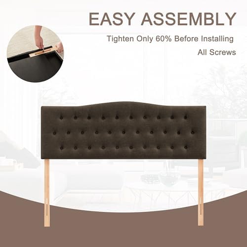 Tufted Headboard King Size, Solid Wood Adjustable Height Head Board, Brown