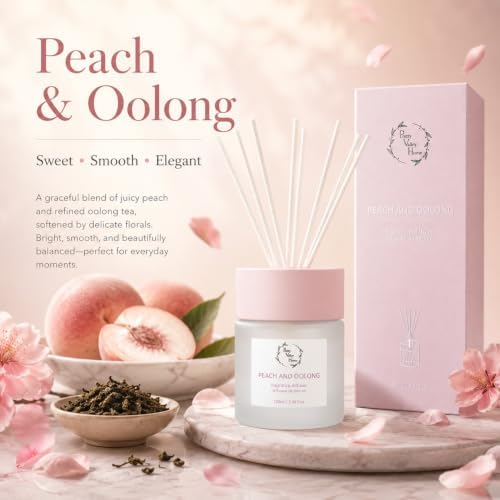 Reed Diffuser Set, 3.38 fl oz (100 ml) - White Peach & Oolong Oil Diffusers with Reed Sticks, Home Fragrance Reed Diffuser for Bathroom Shelf Decor