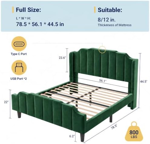 Allewie Vintage Full Size Velvet Platform Bed Frame, Green