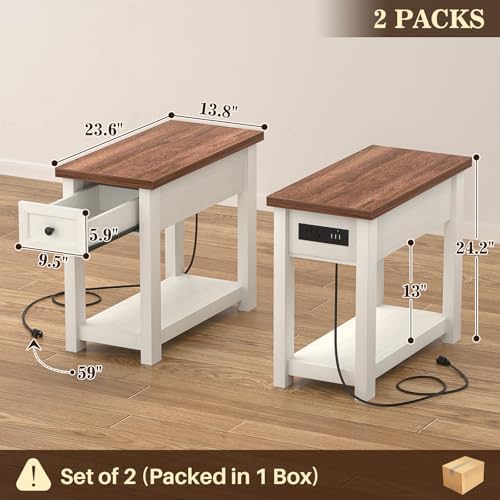 Farmhouse Narrow End Table Set of 2 with Charging Station, 13.8" Wide