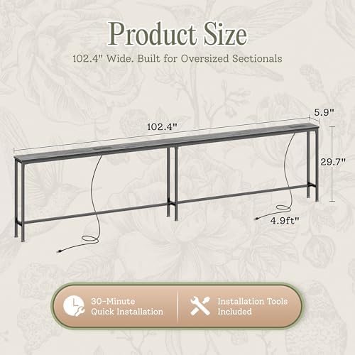 Huuger 102.4 Inch Behind Couch Table with 2 Power Outlets and USB-C Ports, Extra Long Narrow Sofa Table for Sectional Sofa, Skinny Console Table with Anti-Bump Pads, for Living Room, Grey