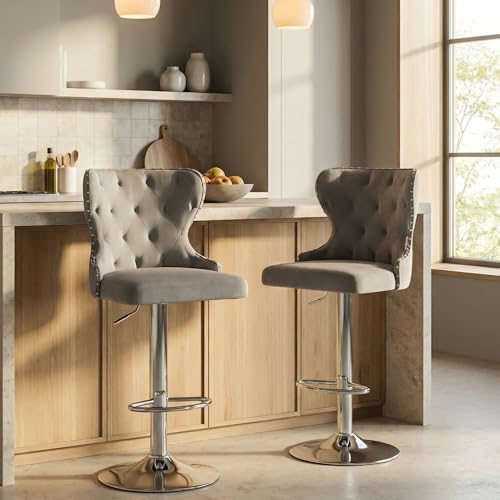 Set of 2 Adjustable Swivel Bar Stools, Velvet Upholstered Counter Height Chairs with Nailhead Trim, Silver Footrest, and High Back for Kitchen Island, Home Bar, Dining Room, Cafe,Gray