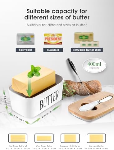 Ceramic Butter Dish with Lid and Knife & Silicone Seal 200ml 2 Pack White