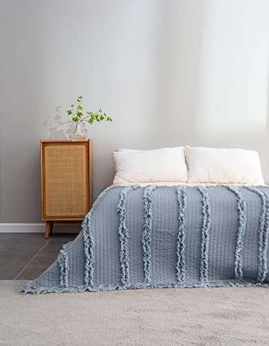 Ultra Soft Pre-Washed Quilted Throw Blanket, Ruffle Fringed Dark Blue Decorative Throw, Stone Washed Chic Rustic Blanket for Sofa Couch Bed Chair, 50"x 60"