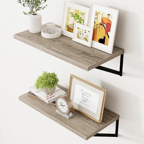 Axeman 12 Inch Deep Floating Shelves for Wall - 24 Inch Wide x 12 Inch Deep Wall Shelves Set of 2 - Rustic Grey Wood Floating Shelves for Living Room