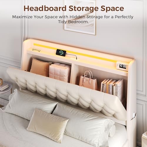 Queen LED Velvet Bed Frame with 2 Storage Drawers&Hidden Headboard, Upholstered Platform Bed with Charging Station&Button Tufted Design, Wooden Slats Support, Box Spring Optional, Easy Assembly, Beige