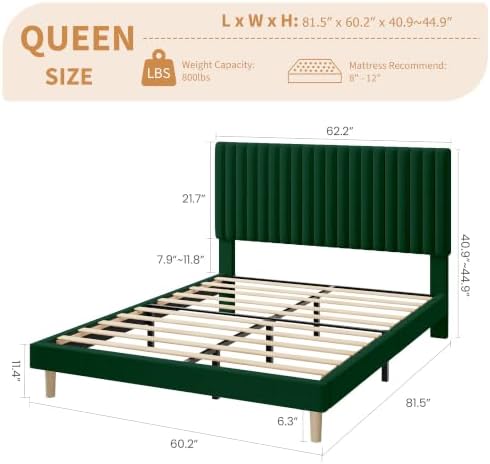 IDEALHOUSE Queen Bed Frame with Adjustable Headboard, Velvet Upholstered