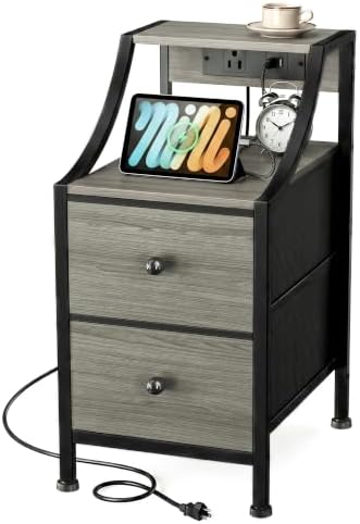 Lazzanto Narrow Nightstand with Charging Station for Bedroom, Dorm