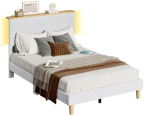Full Bed Frame with Adjustable Headboard & LED, Upholstered, Light Grey