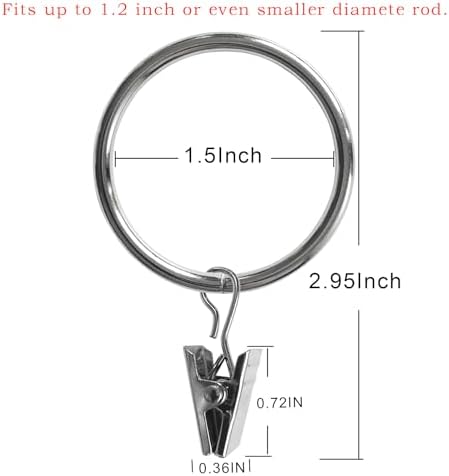 100 Pack Metal Curtain Rings with Clips, 1.5 in ID, Silver