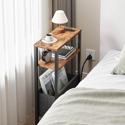 Narrow Side Table with Charging Station Slim End Table Sofa with Magazine Rack, Bedside Table for Small Spaces, 3 Tier Nightstand for Living Room Couch, Bedroom Rustic Brown LET503RE
