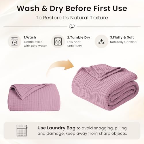 Love's cabin 100% Cotton Muslin Blanket Throw for Couch, Dusty Pink