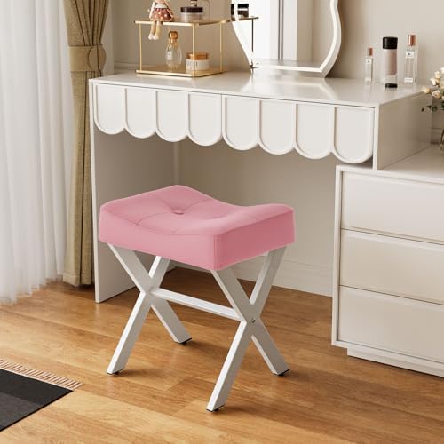 Memobarco 18-Inch Leather Vanity Stool Chair, Pink Saddle Vanity Stool