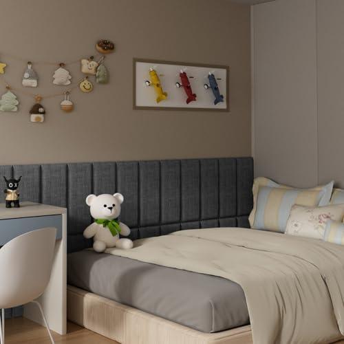 Upholstered Wall Mounted Headboard, Acoustic Panel, Peel and Stick Wall Padding, Dark Grey Dorm Towel Fabric, 4-Pack