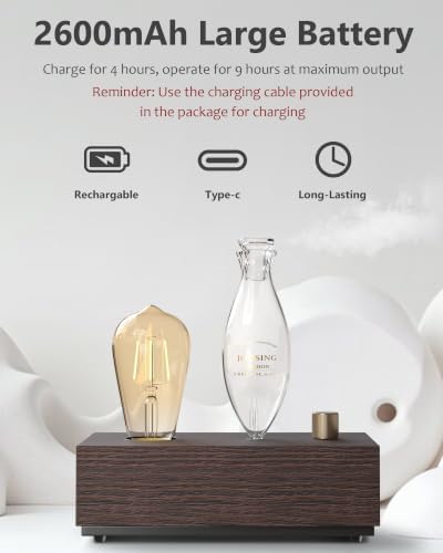 Waterless Diffuser, Rechargeable Battery 9H Runtime,3 Color Light with Bulb