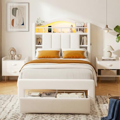Kids LED Bed Frame with Storage Headboard & 2 Storage Drawers (Twin&Beige)