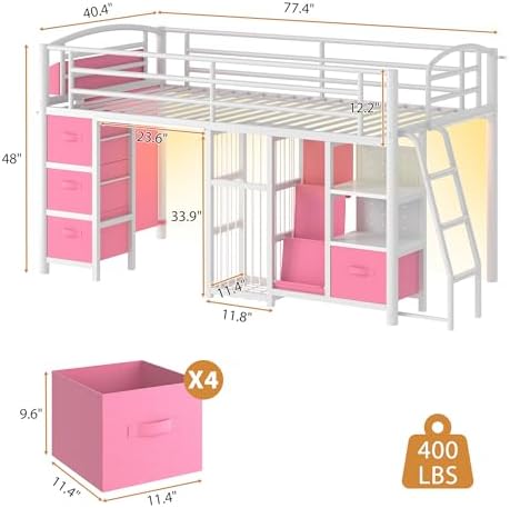Twin Low Loft Bed, Kids Loft Bed, Storage Drawers, LED Lights, Pink White