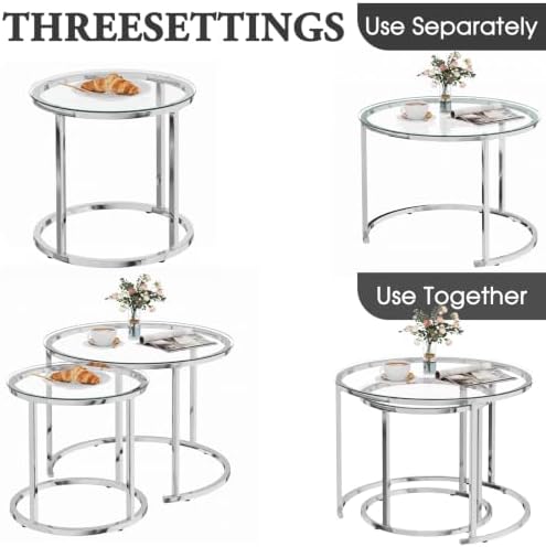 aboxoo Nesting Table Glass Coffee Table for Living Room,Silver Glass Table