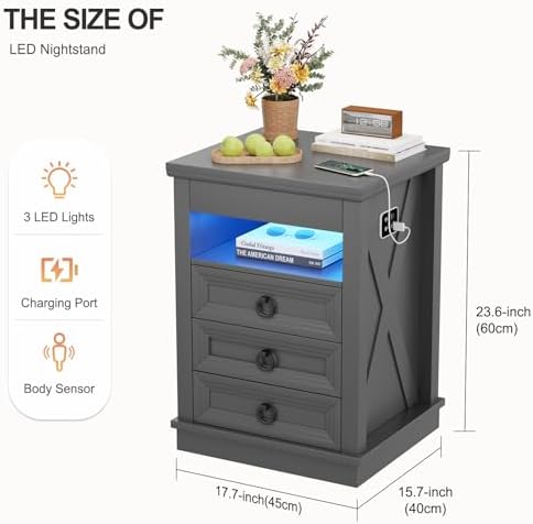 Farmhouse Nightstand Set 2 with Gun Drawer,Bedside Table with Charging Station and Human Body Senor,3 LED Lights Night Stand with 3 Drawers and Open Shelf,End Side Table for Bedroom(Grey)