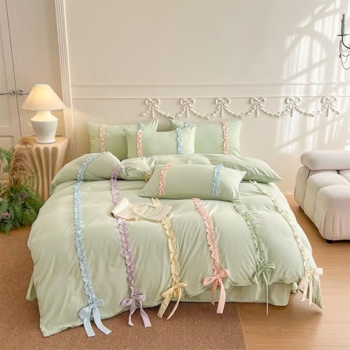 Colorful Striped Ruffled Bedding with Cute Bow,Chic Ruffle Romantic Full Duvet, Coquette Aesthetic Style 3 piece Duvet Cover Set-1 Full Duvet Cover with 2 Pillowcases, No Comforter