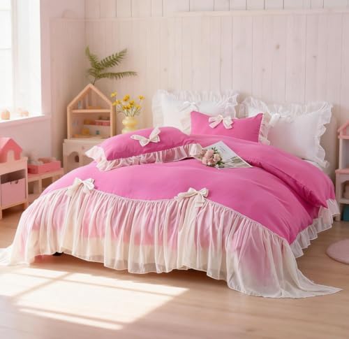 IHOUSTRIY Duvet Cover Queen Size, Ruffle Beddding Set with Bowtie, 3 Pieces Comforter Cover Set with Zipper Closure, Girl Princess Bedding with Pillowcase - Pink, Queen
