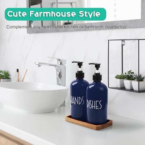 Navy Blue Dish Soap Dispenser for Kitchen - 16 OZ Hand Soap Dispenser Set with Acacia Wood Tray - Blue Kitchen Bathroom Home Decor and Accessories