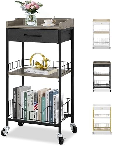 Tall Side Table, Narrow Side Table with Wheels, Black & Grey