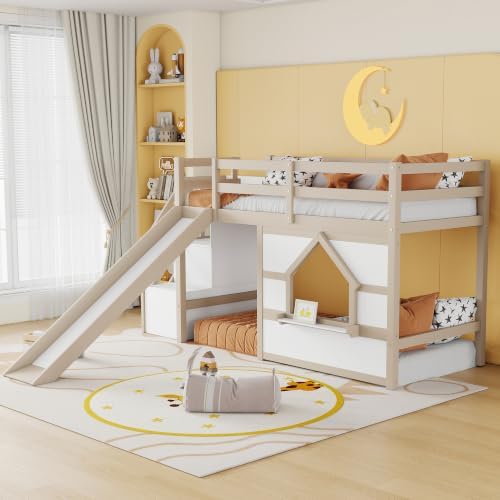 Bellemave Twin Low loft/bunk Bed with Slide and Storage Staircase LED for Kids,Wood Loft Beds,White +Beige