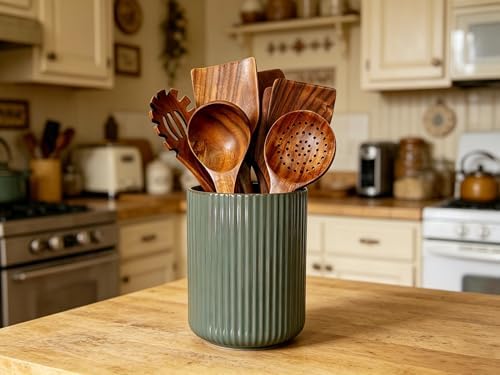 Large Stoneware Kitchen Utensil Holder for Kitchen Counter & Countertop Cooking Utensil Holder Spatula Holder Utensil Crock for Kitchen Counter Vertical Ribbed Fluted Stripe (Concrete Grey)