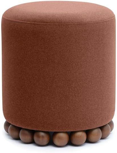 First of a Kind Bronze Performance Vegan Mohair Ottoman, Plush Upholstered Accent Stool and Footrest with Foam-Padded Top and Solid Wood Orb Legs