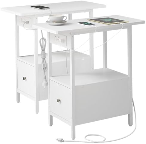 LIDYUK End Table with Charging Station, Narrow Side Table with Drawer