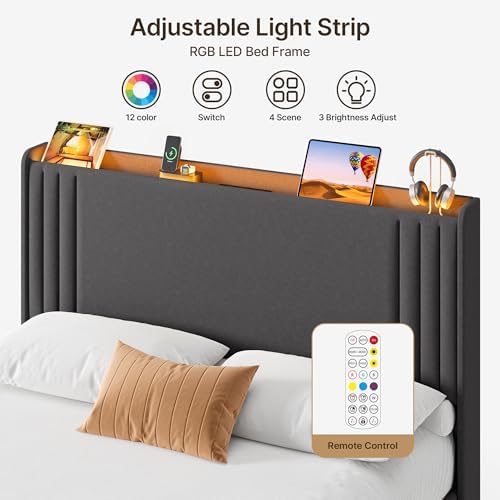 Gizoon Queen Bed Frame with Charging Station and LED Lights