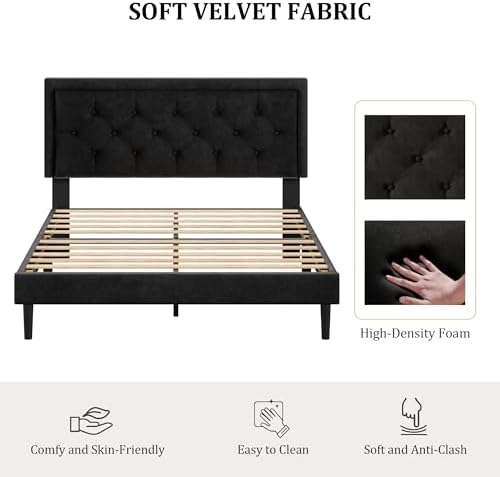 CXVX Queen Size Platform Bed Frame with Upholstered Velvet Button Tufted Headboard, Mattress Foundation with Wooden Slat Support, No Box Spring Needed, Easy Assembly, Noise Free, Black