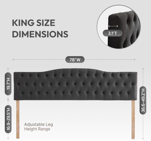 Iroomy Upholstered King Headboard, Button Diamond Tufted Headboard with Adjustable Height and Solid Wood Leg, Velvet Padded Headboards for King Size Bed, Modern Head Board, Dark Grey