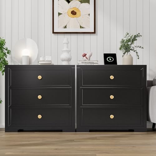 COWMOU Nightstand with Drawers 3 Drawer Night Stand with Charging Station Farmhouse Style Large Bed Side Table for Bedroom Living Room (1, Black)