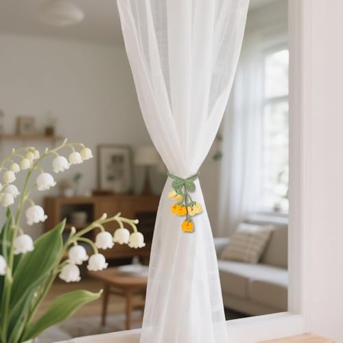 Flower Curtain Tiebacks, 4pcs Lily-of-The-Valley Curtains Holdbacks, Cute Curtain Holdbacks - No Drill Rope Holder, Drape Knitting Handmade for Nursery&Children's Room Decor (Yellow/Orange)