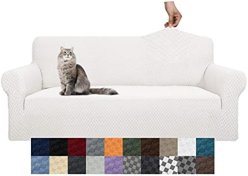 YEMYHOM Couch Cover Latest Jacquard Design High Stretch Sofa Covers for 3 Cushion Couch, Pet Dog Cat Proof Slipcover Non Slip Magic Elastic Furniture Protector (Large, White)